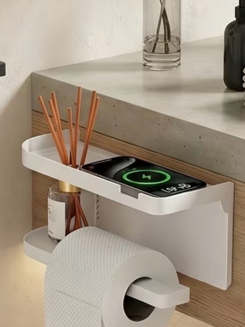 NEW No Drill Wall-Mounted Toilet Paper Holder with Shelf and Phone Rest